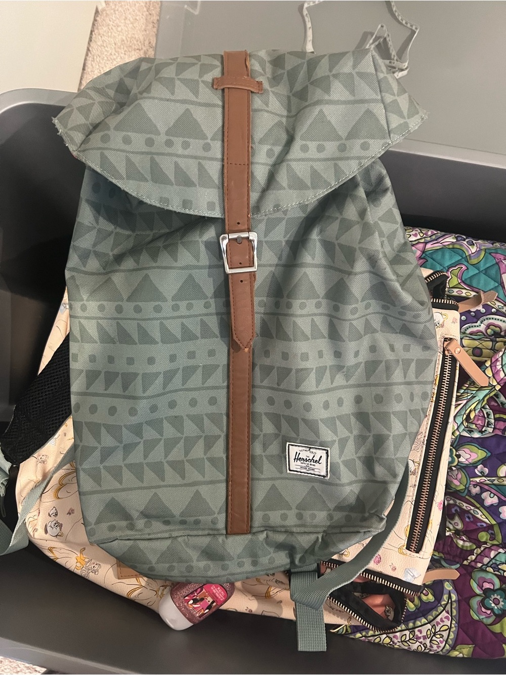 Herschel Supply Company Geometric Sage Green Rolltop Backpack with Brown Strap